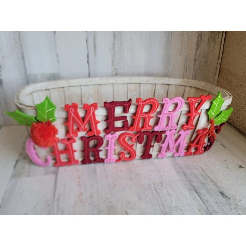 Merry Xmas large crate & barrel basket Mistletoe felt unique home container